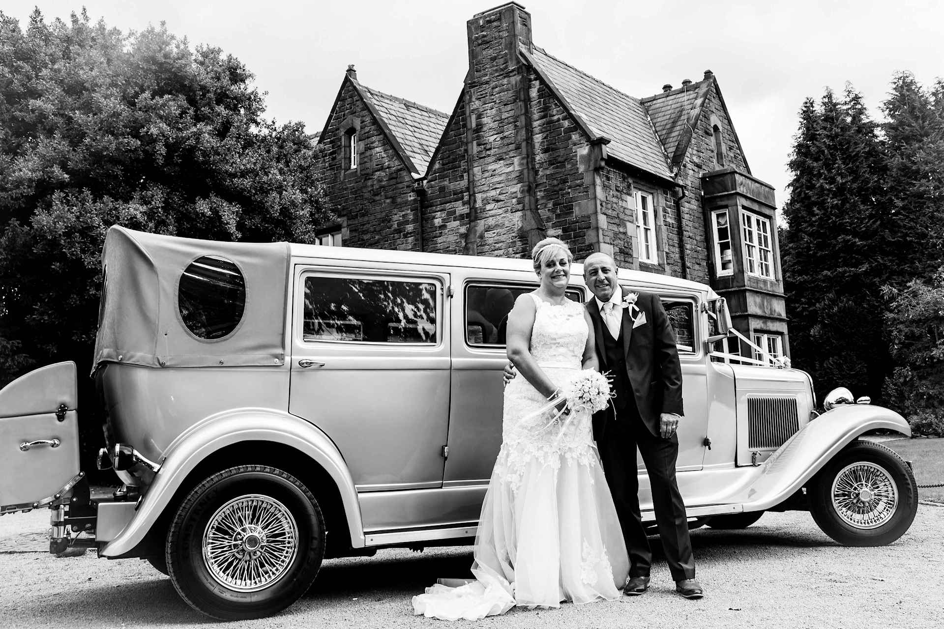 Sheffield Wedding Black & White Photo with vintage car