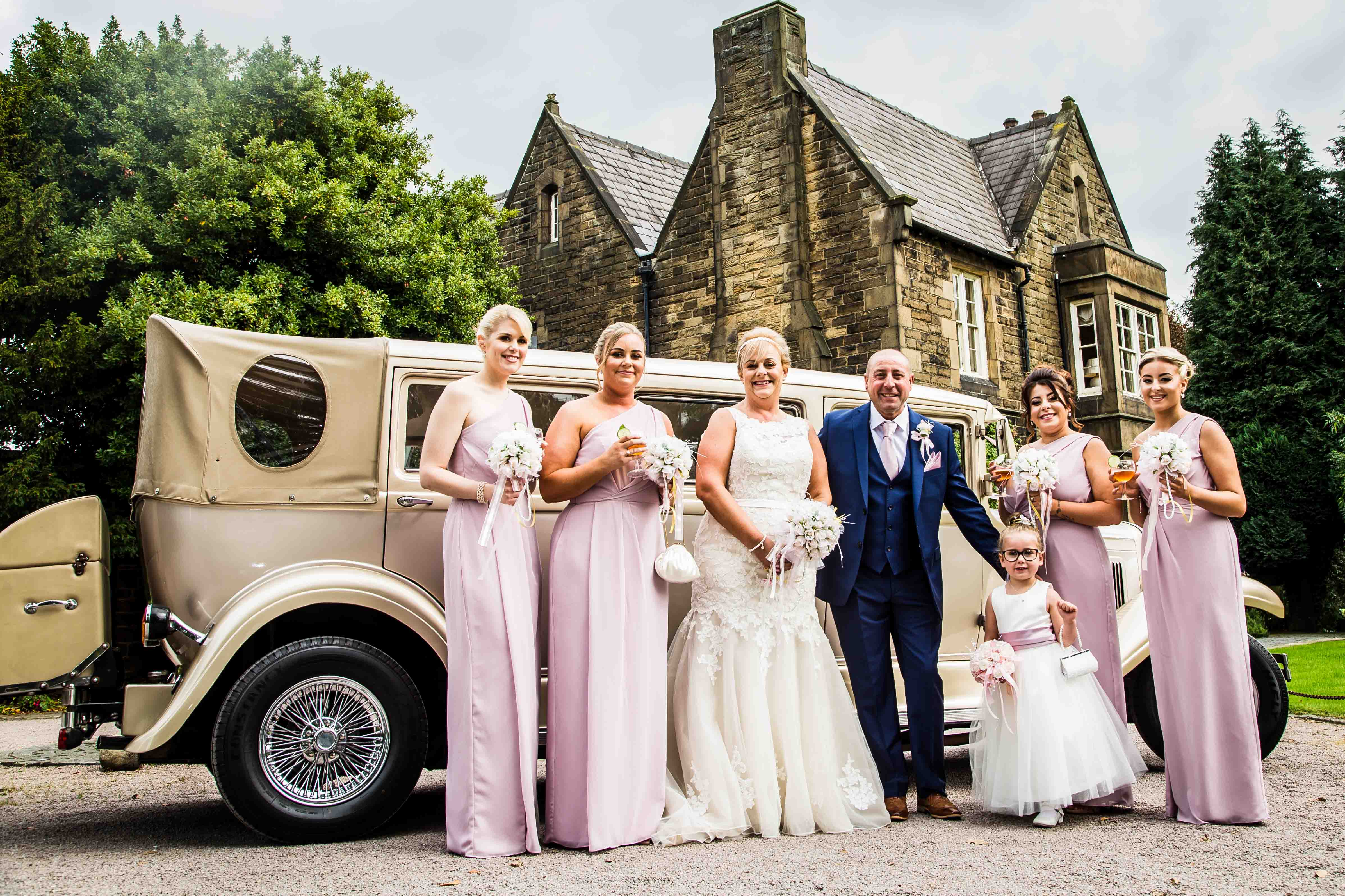 Bridal Party and vintage car - Sheffield wedding